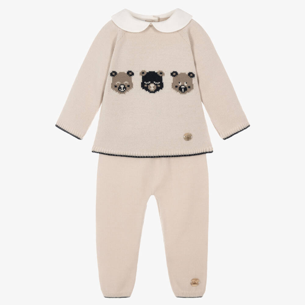 Artesanía Granlei-Baby Boys Beige Knitted Trouser Set with Three Bears | Childrensalon