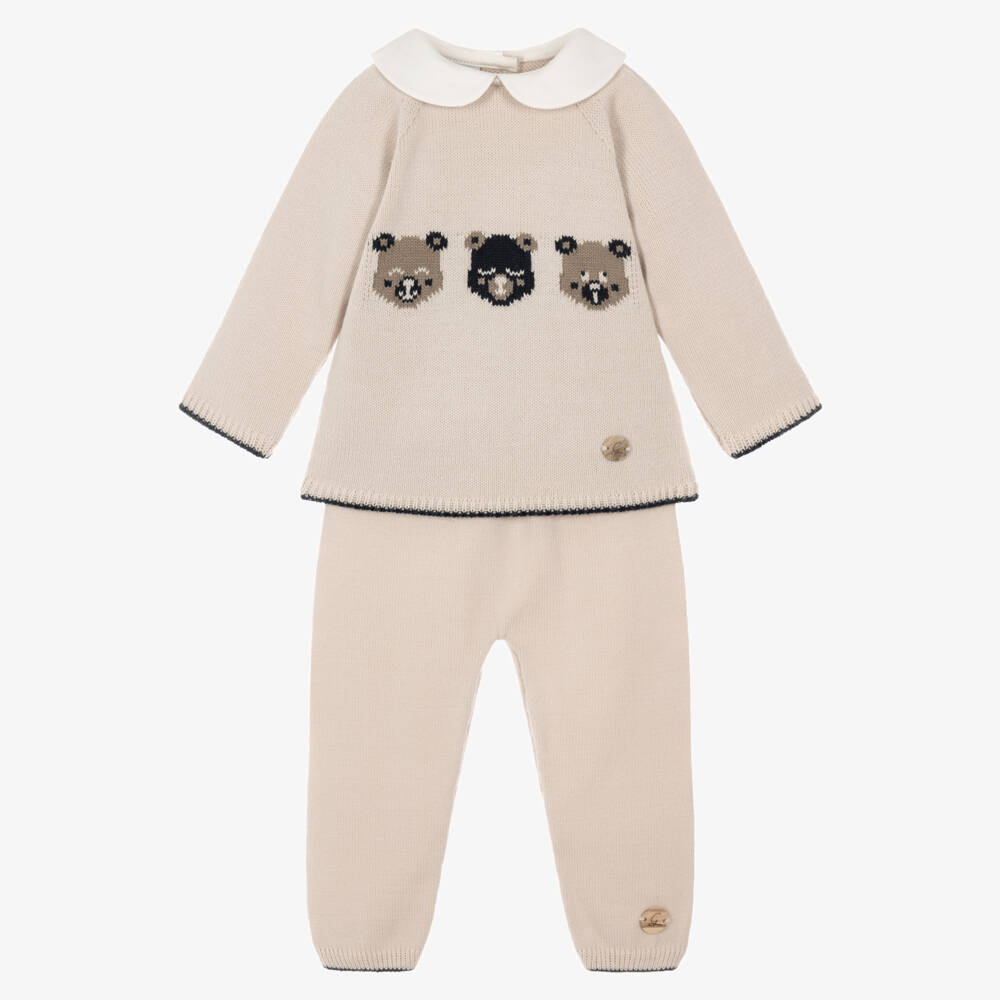 Artesanía Granlei-Baby Boys Beige Knitted Trouser Set with Three Bears | Childrensalon