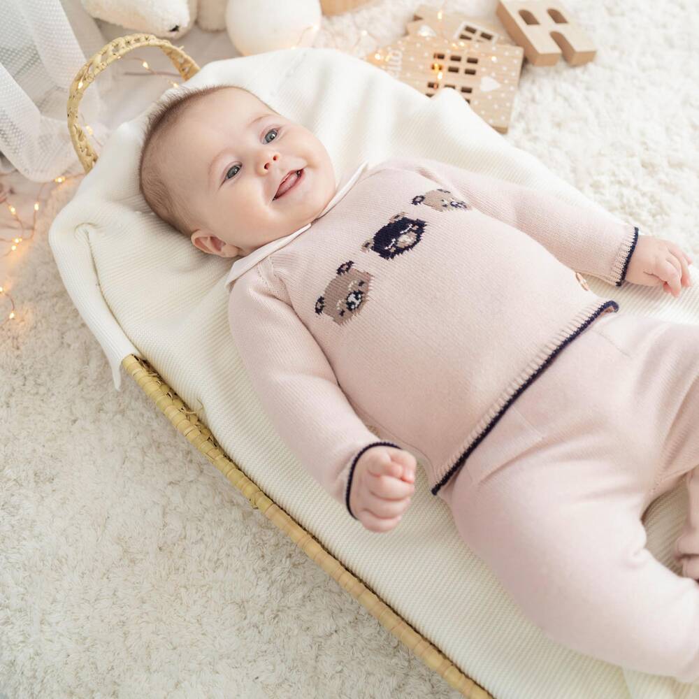 Artesanía Granlei-Baby Boys Beige Knitted Trouser Set with Three Bears | Childrensalon