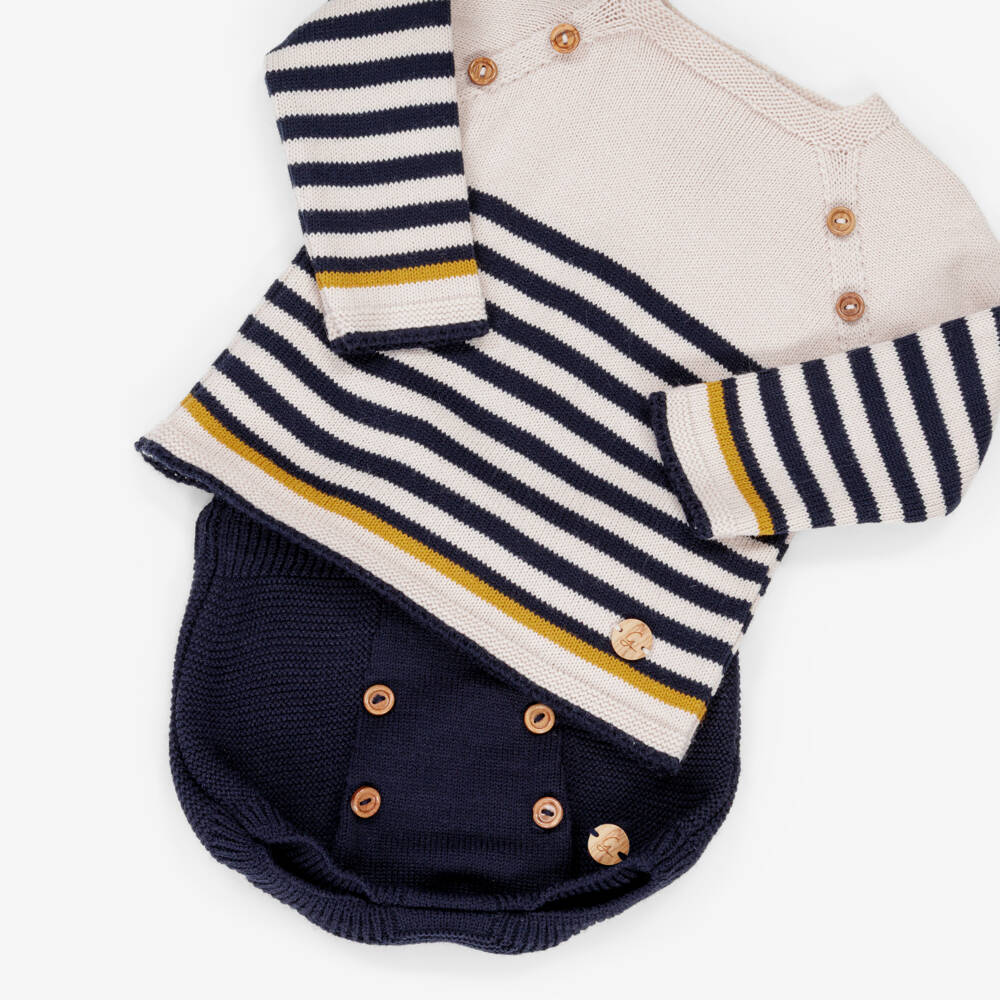Artesanía Granlei-Baby Boys Beige & Navy Blue Striped Knit Shorts Set | Childrensalon
