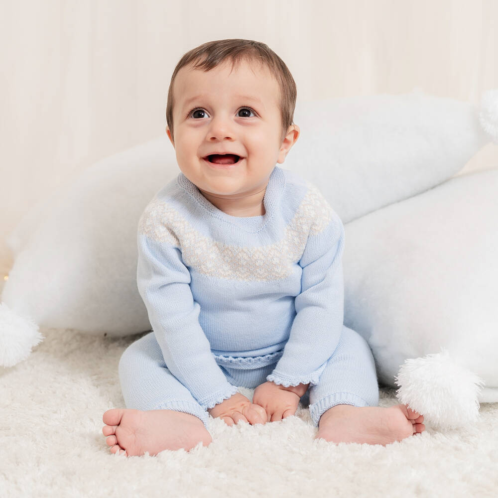 Artesanía Granlei-Baby Boys Blue Fair Isle Knitted Trouser Set | Childrensalon