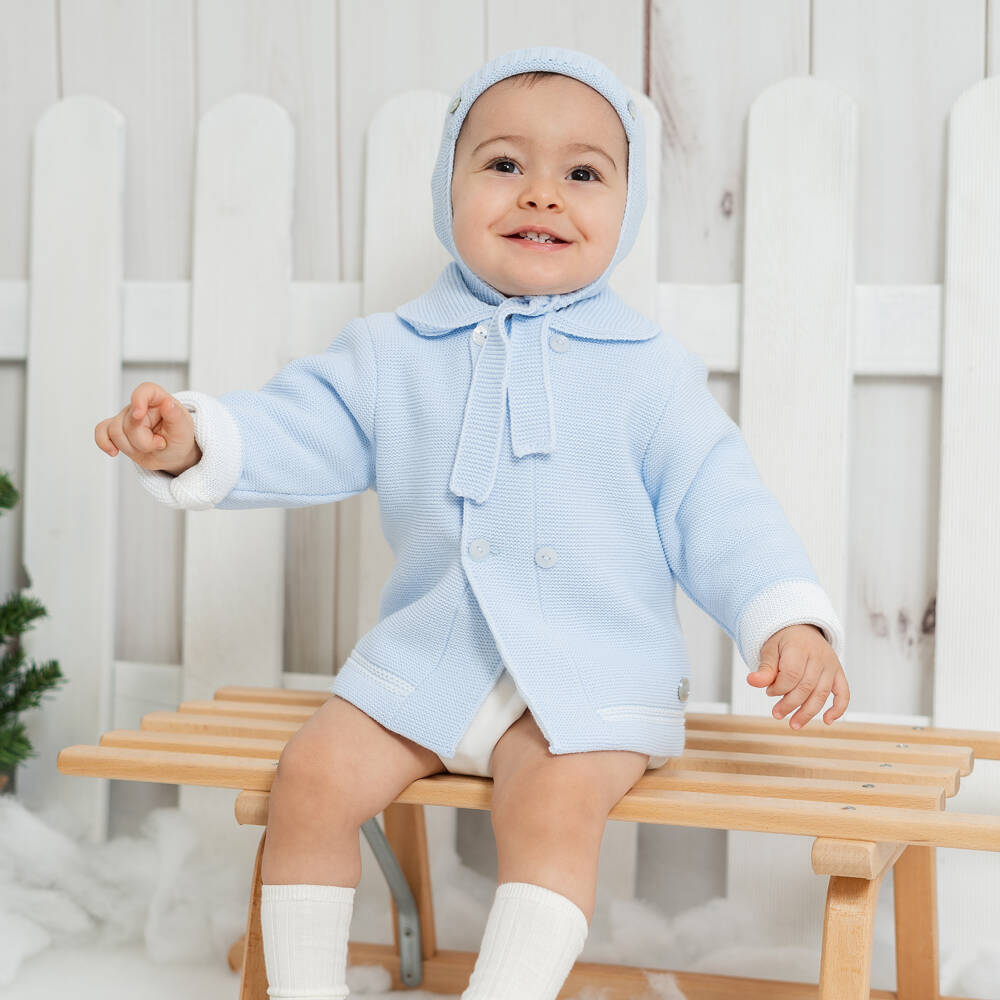 Artesanía Granlei-طقم جاكيت وقبعة محبوك لون أزرق للأولاد الرضع | Childrensalon