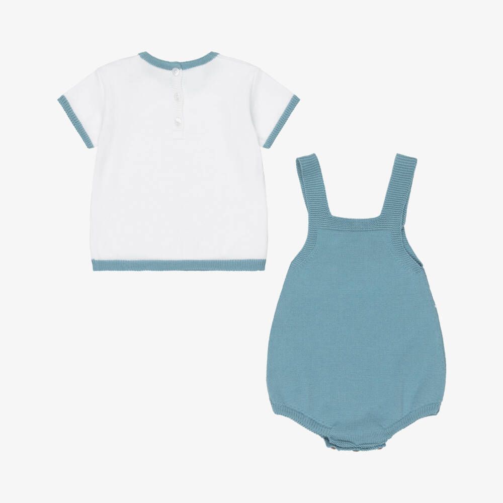 Artesanía Granlei-Baby Boys Blue Scallop Detailed Knitted Babysuit Set | Childrensalon