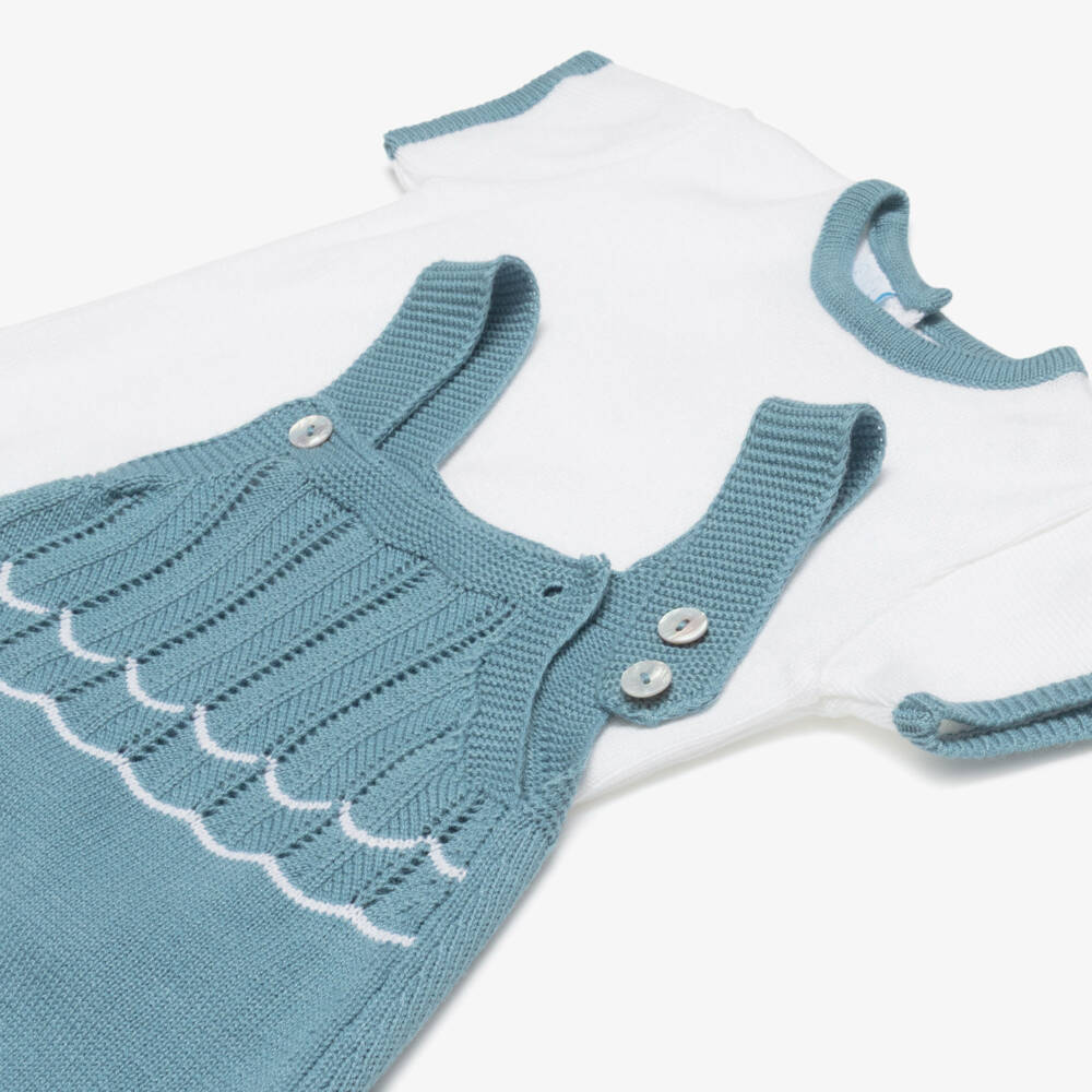 Artesanía Granlei-Baby Boys Blue Scallop Detailed Knitted Babysuit Set | Childrensalon