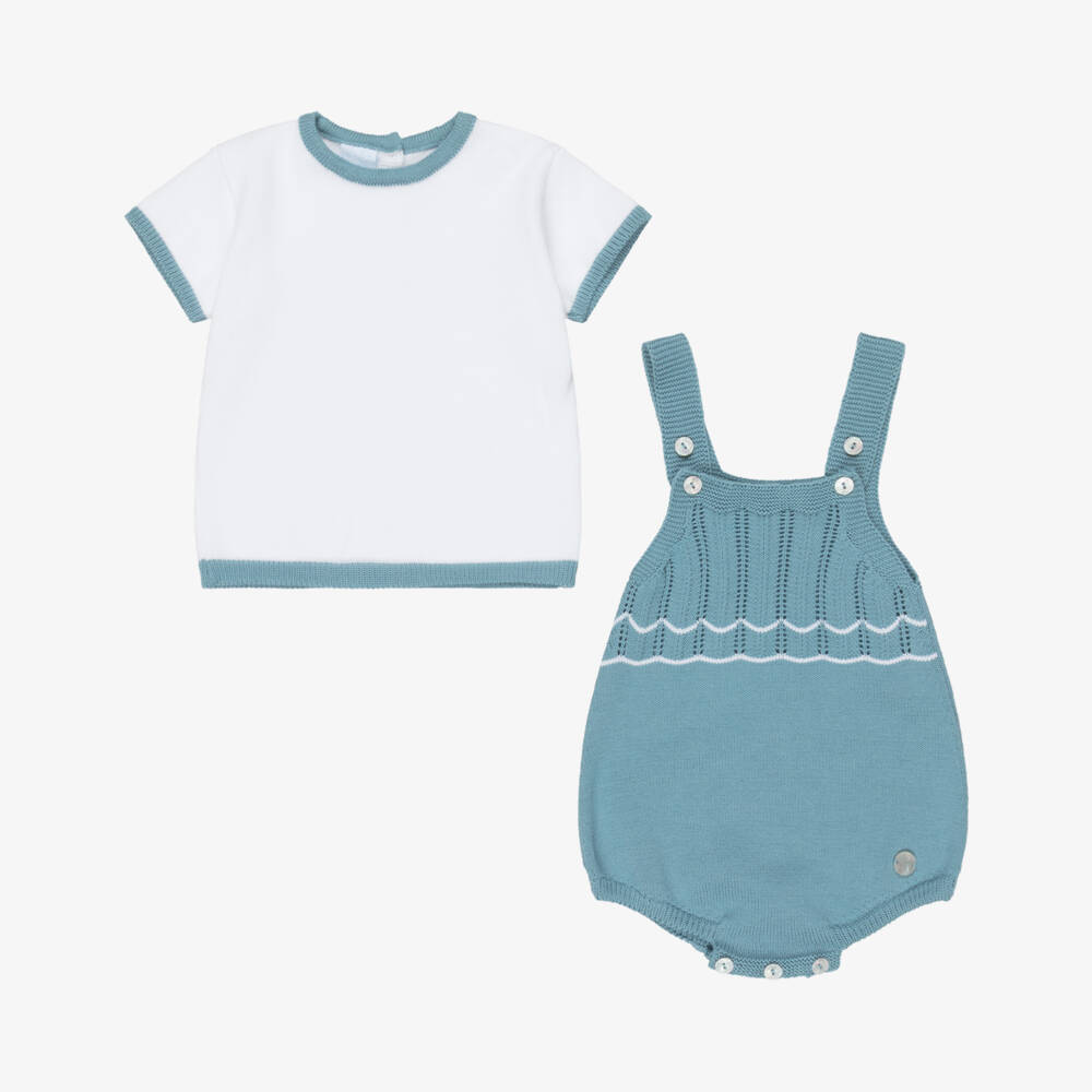 Artesanía Granlei-Baby Boys Blue Scallop Detailed Knitted Babysuit Set | Childrensalon