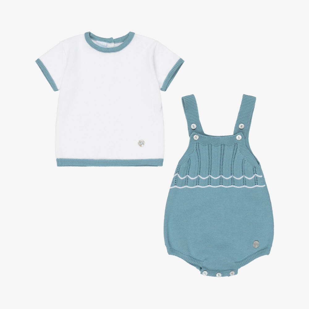 Artesanía Granlei-Baby Boys Blue Scallop Detailed Knitted Babysuit Set | Childrensalon