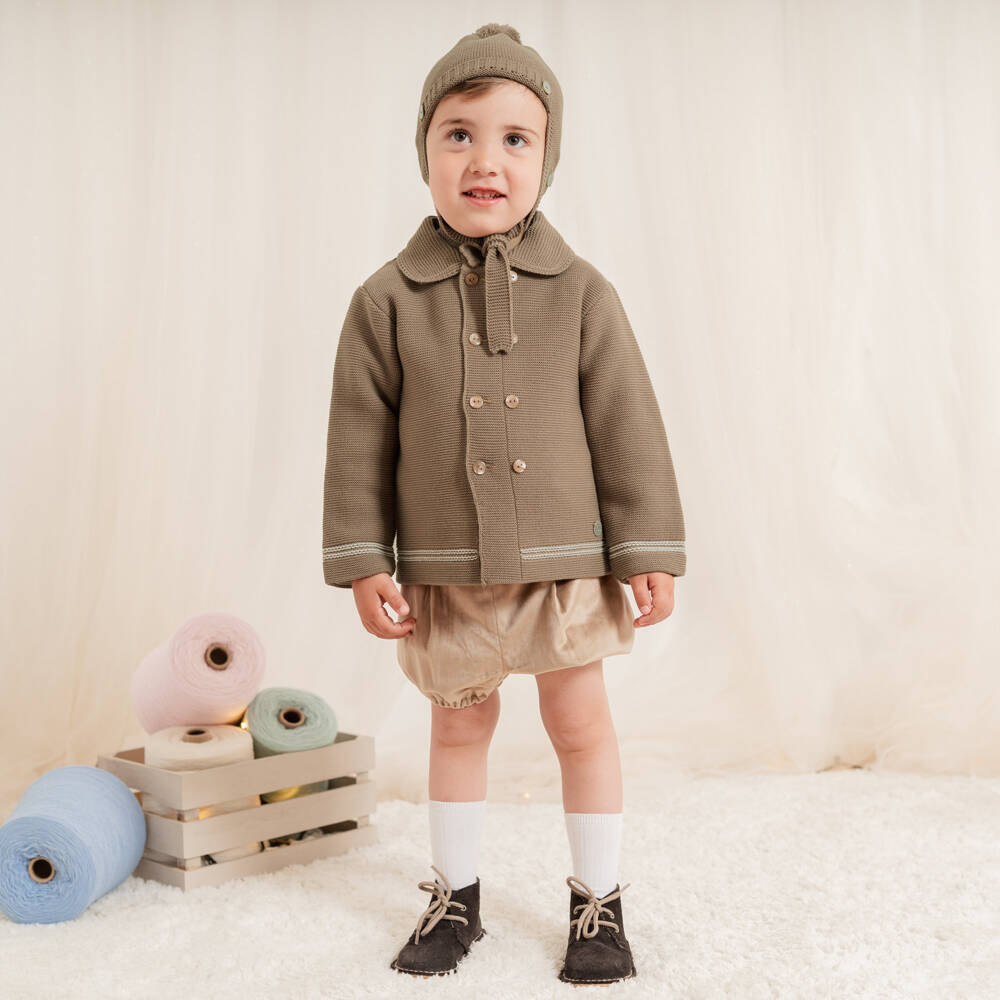 Artesanía Granlei-Baby Boys Brown Knitted Jacket & Hat Set | Childrensalon