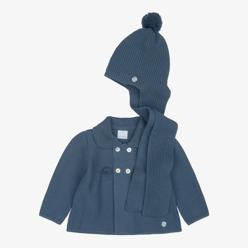 Artesanía Granlei-Baby Boys Dark Blue Knitted Coat & Hat Set | Childrensalon