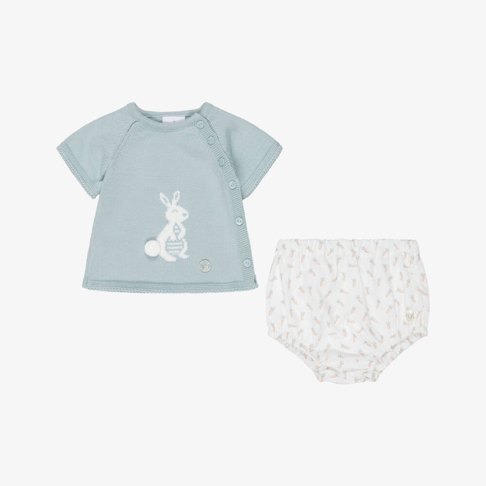 Artesanía Granlei-Baby Boys Green & White Shorts Set with Rabbit Motif | Childrensalon