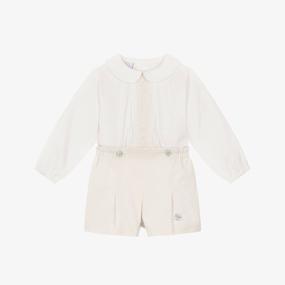 Artesanía Granlei-Baby Boys Ivory & Beige Buster Suit with Lace Trims | Childrensalon