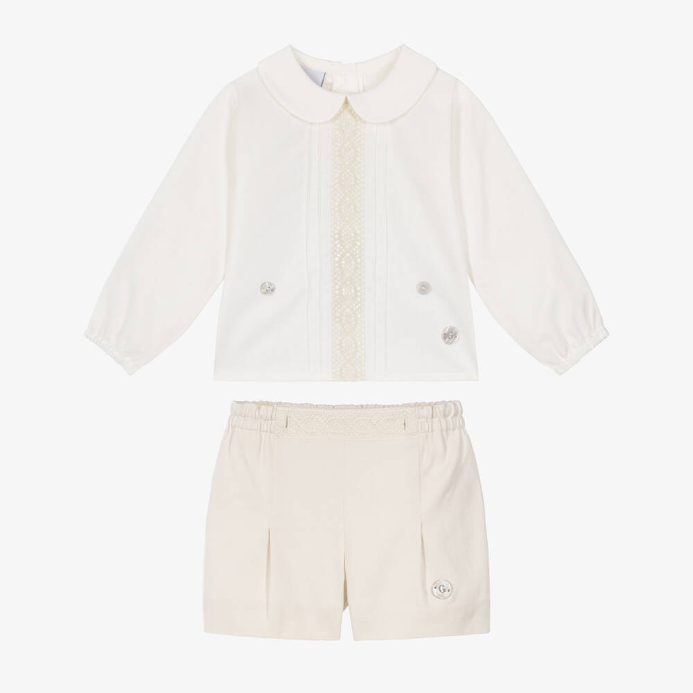 Artesanía Granlei-Baby Boys Ivory & Beige Buster Suit with Lace Trims | Childrensalon