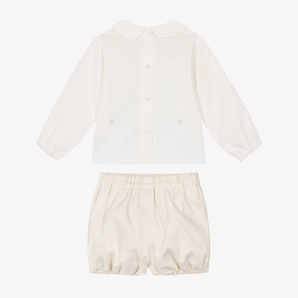 Artesanía Granlei-Baby Boys Ivory & Beige Buster Suit with Lace Trims | Childrensalon