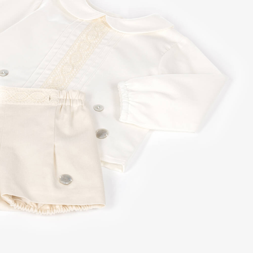 Artesanía Granlei-Baby Boys Ivory & Beige Buster Suit with Lace Trims | Childrensalon