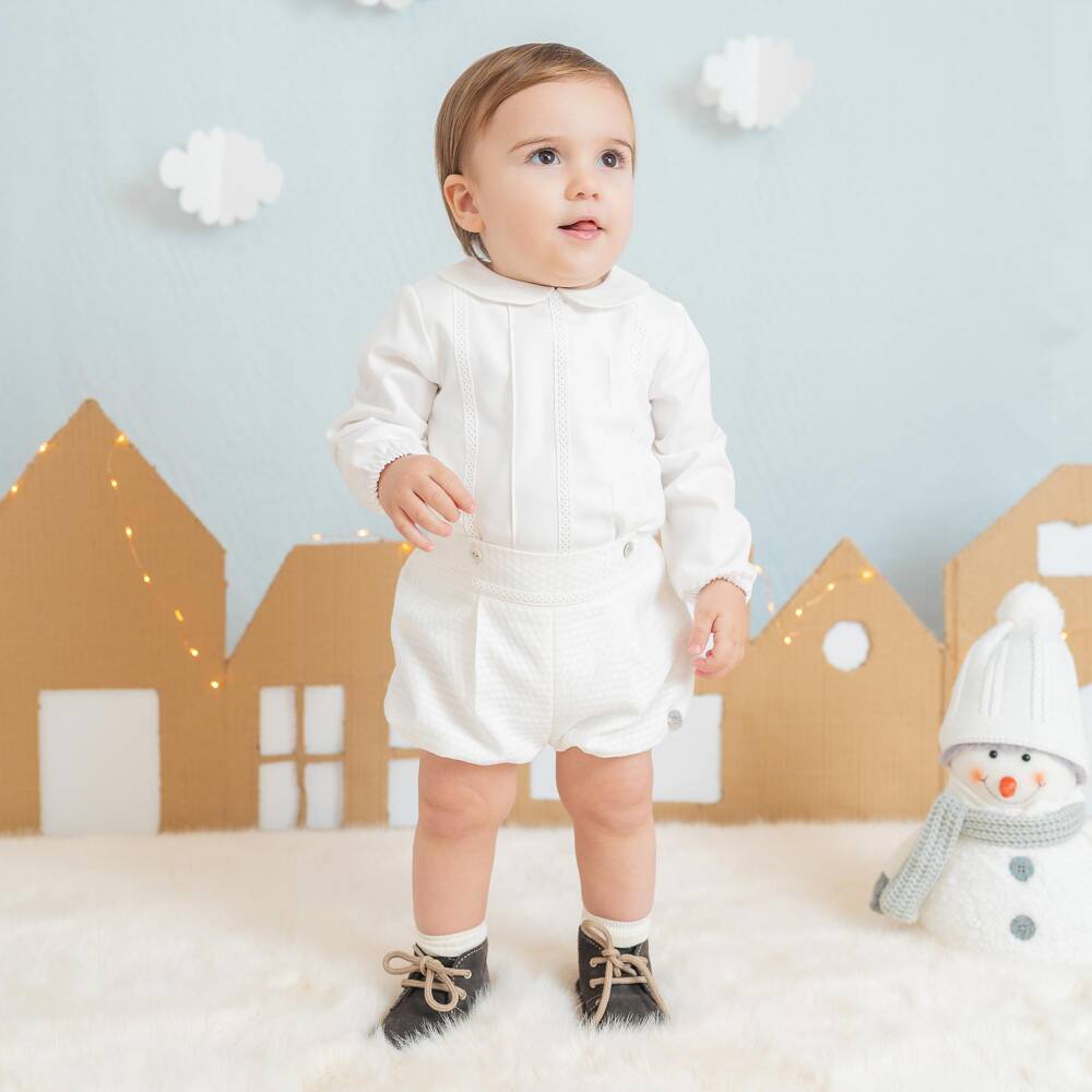 Artesanía Granlei-Baby Boys Ivory Buster Suit with Collar | Childrensalon