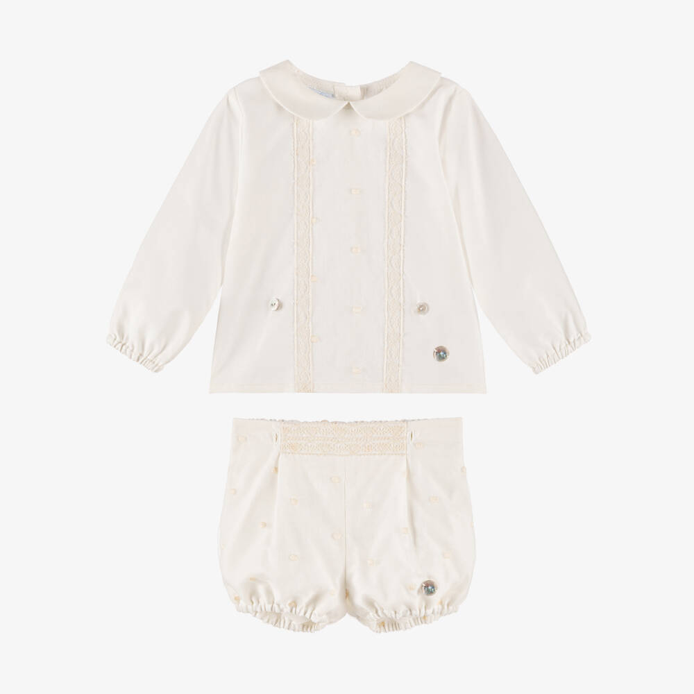 Artesanía Granlei-Baby Boys Ivory Buster Suit with Lace Detailing | Childrensalon
