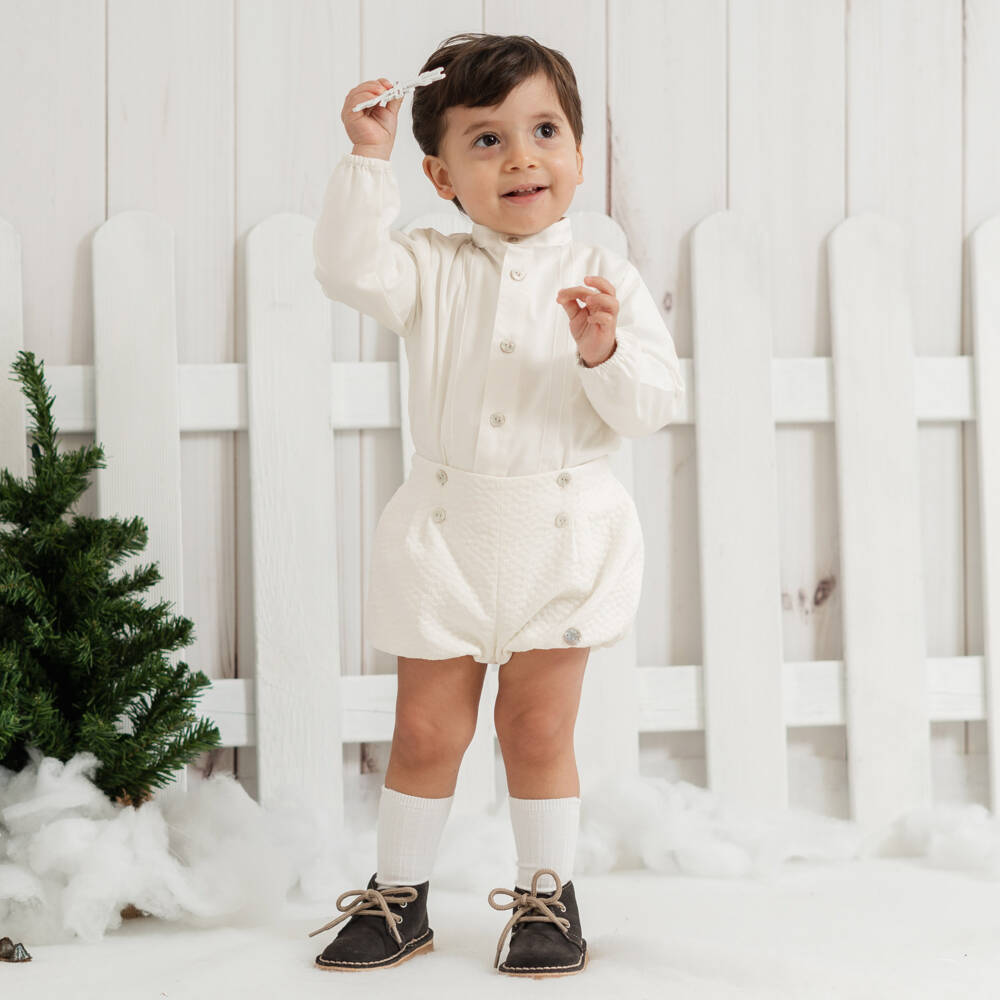 Artesanía Granlei-Baby Boys Ivory Buster Suit with Pintuck Detailing | Childrensalon