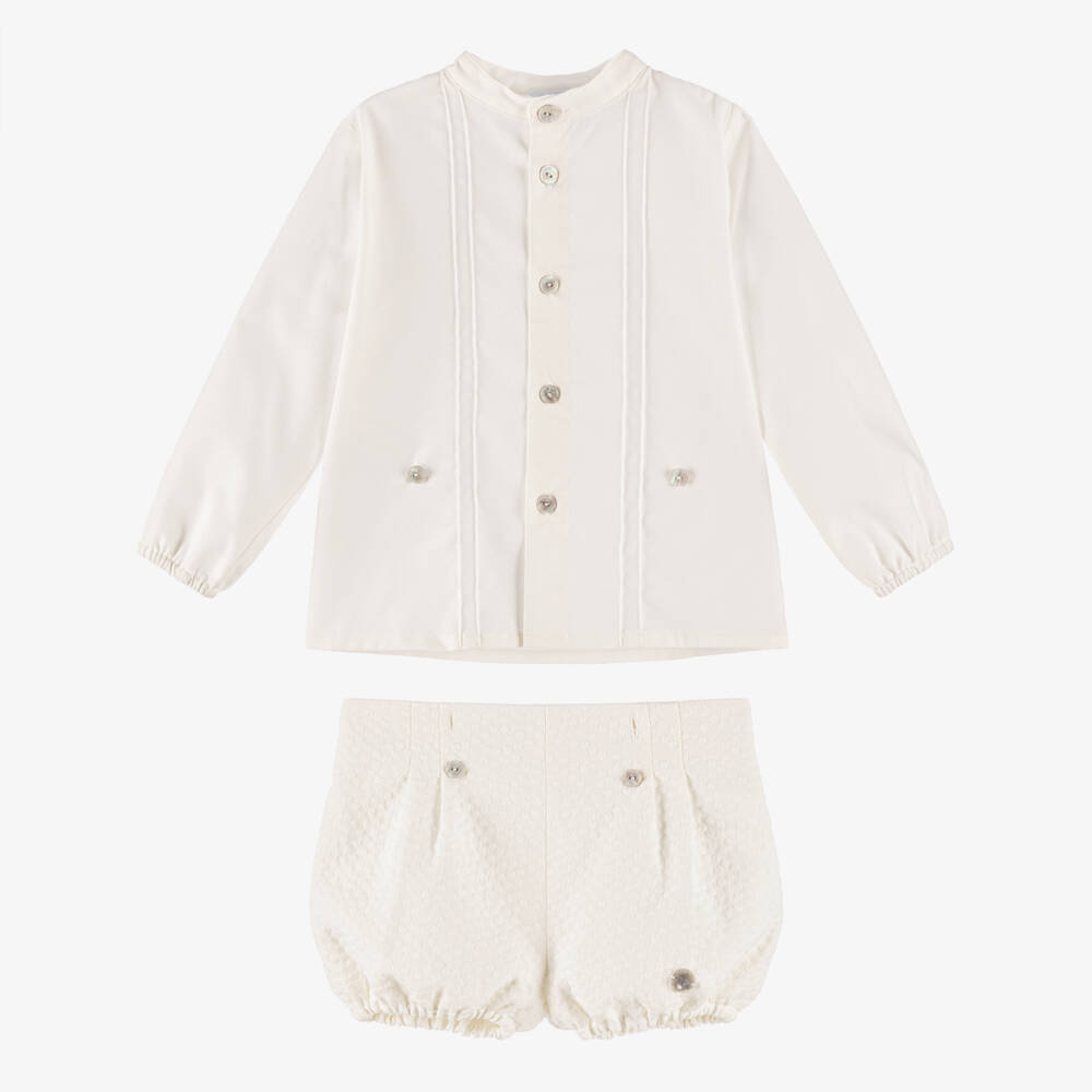 Artesanía Granlei-Baby Boys Ivory Buster Suit with Pintuck Detailing | Childrensalon
