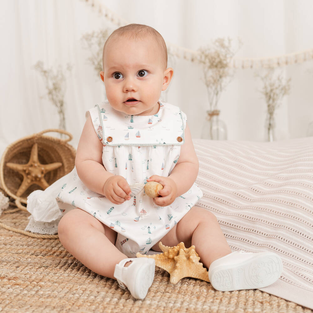Artesanía Granlei-Baby Boys Ivory Cotton Shortie with Sailboat Print | Childrensalon