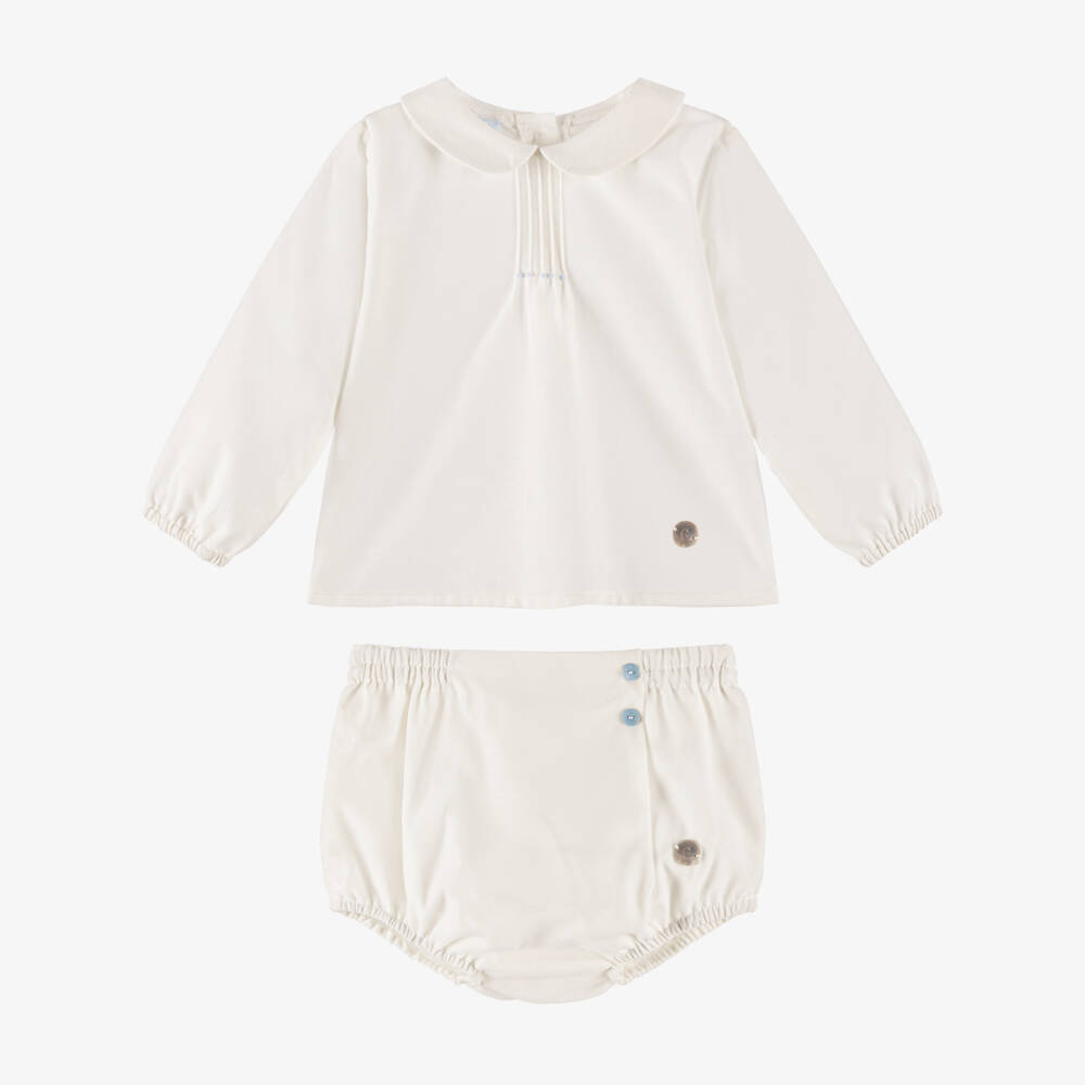 Artesanía Granlei-Baby Boys Ivory Cotton Shorts Set with Peter Pan Collar | Childrensalon