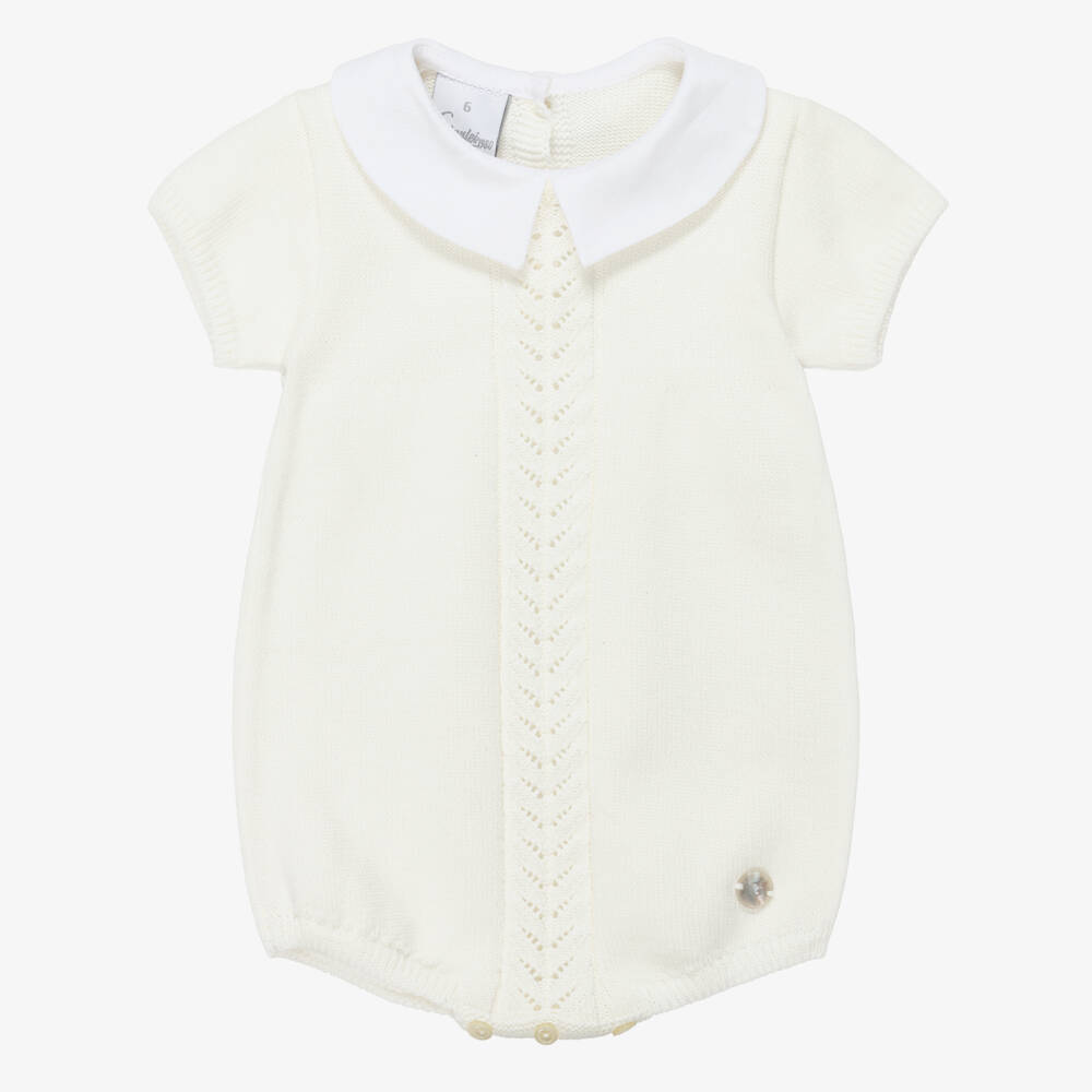 Artesanía Granlei-Baby Boys Ivory Knit Shortie with White Collar | Childrensalon