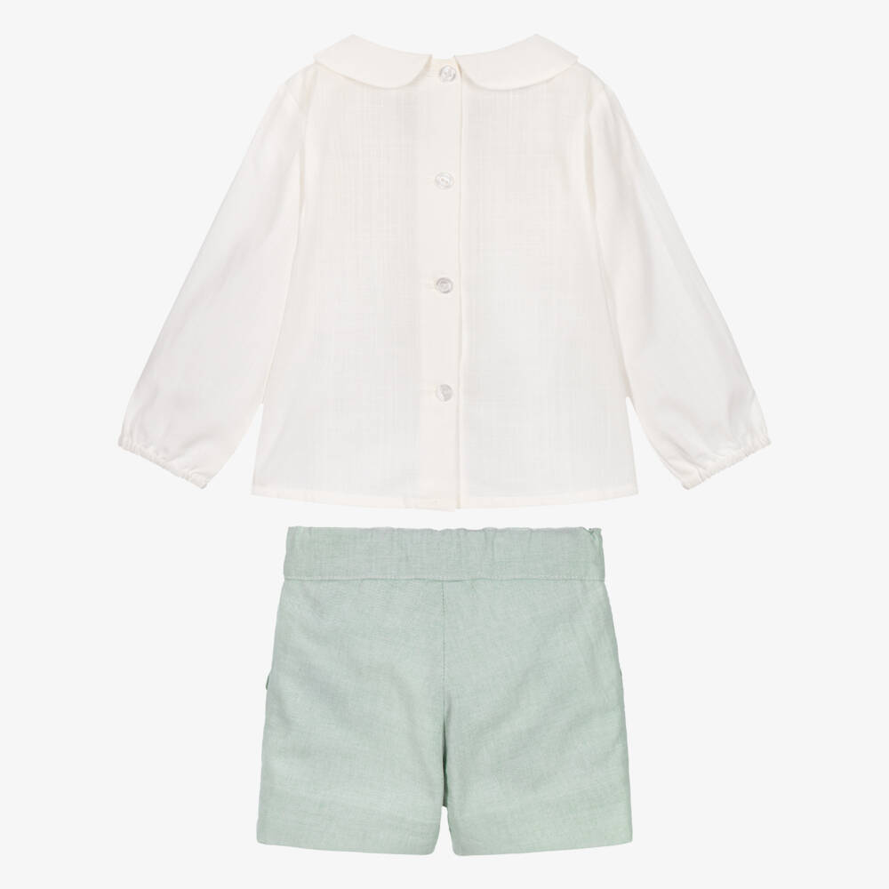 Artesanía Granlei-Baby Boys Ivory & Pale Green Cotton Shorts Set | Childrensalon