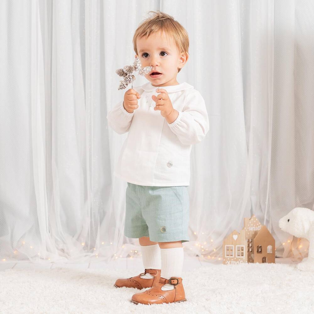 Artesanía Granlei-Baby Boys Ivory & Pale Green Cotton Shorts Set | Childrensalon