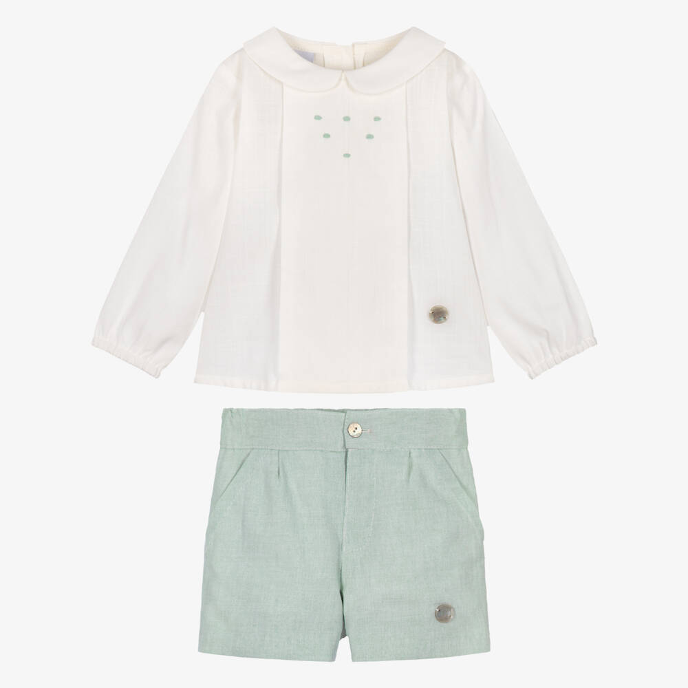 Artesanía Granlei-Baby Boys Ivory & Pale Green Cotton Shorts Set | Childrensalon