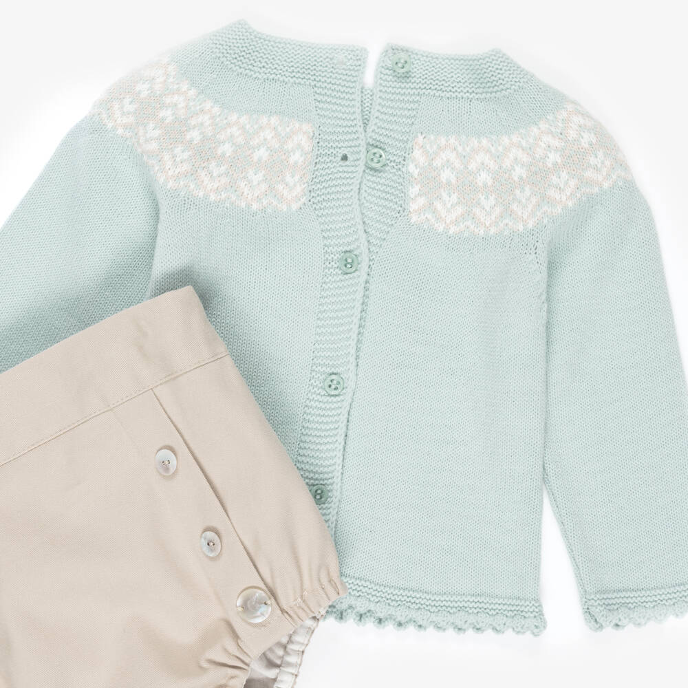 Artesanía Granlei-Baby Boys Mint Green Fair Isle Sweater & Beige Shorts Set | Childrensalon