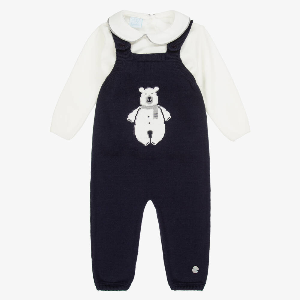 Artesanía Granlei-Baby Boys Navy Blue Knitted Dungaree Set with Bear Motif | Childrensalon