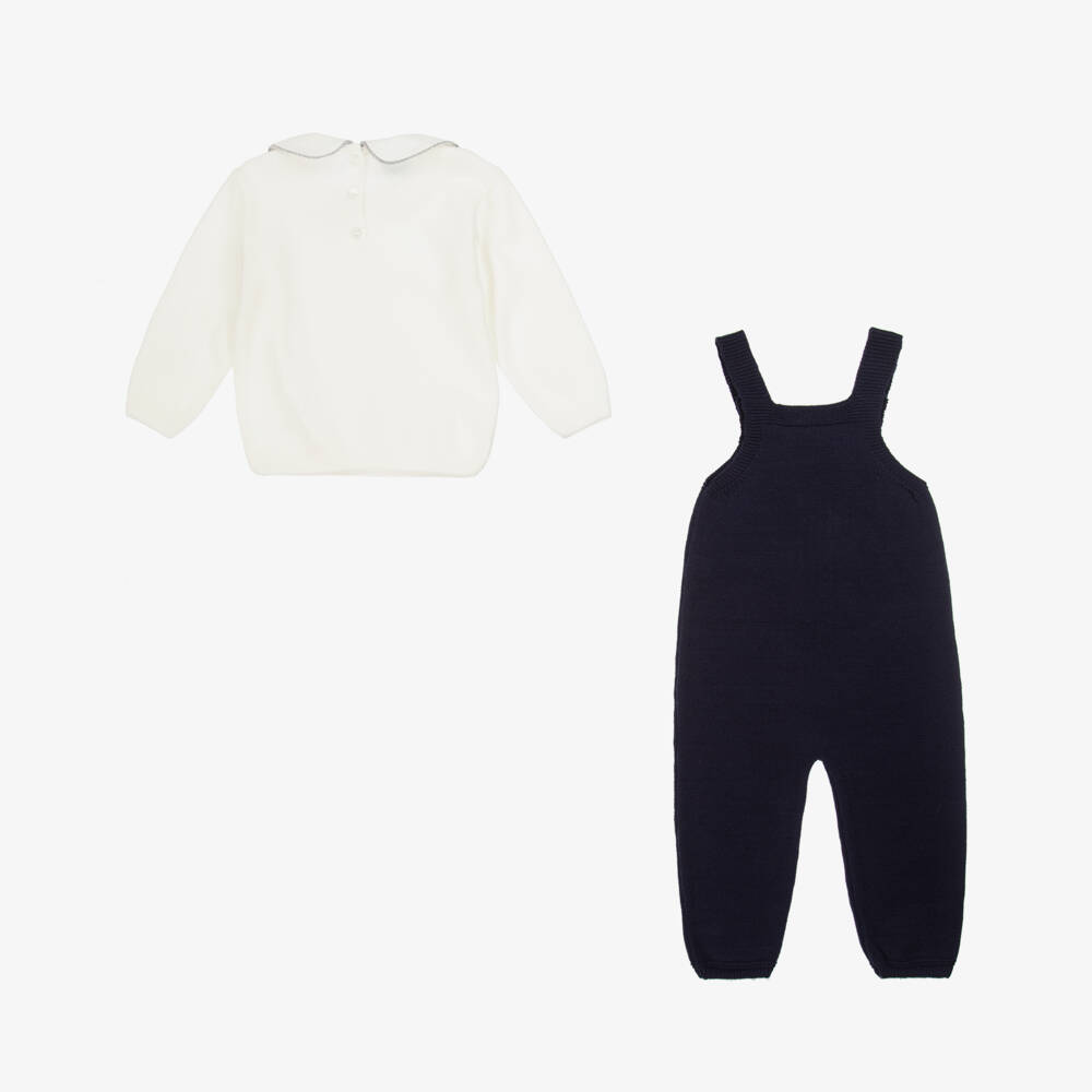 Artesanía Granlei-Baby Boys Navy Blue Knitted Dungaree Set with Bear Motif | Childrensalon