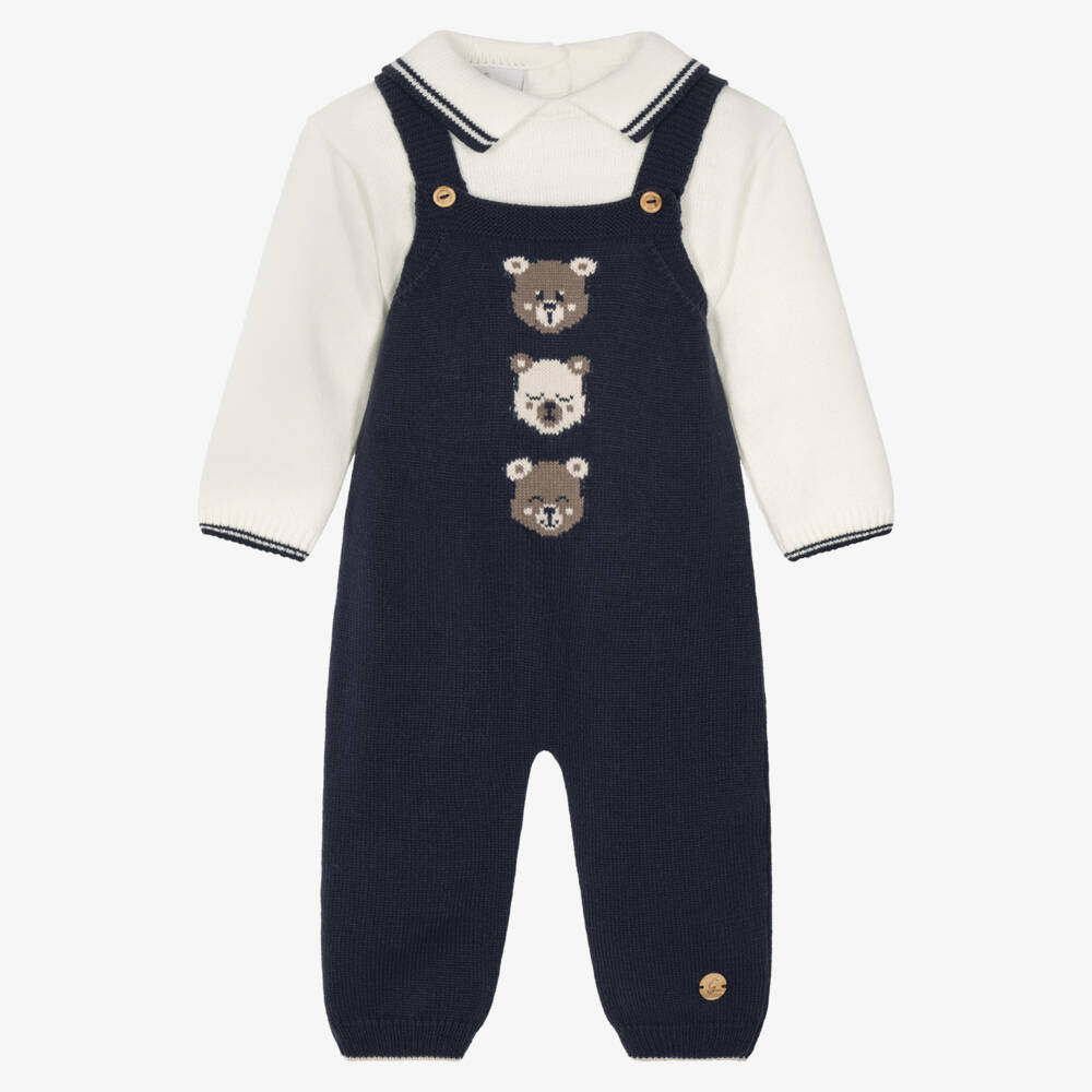 Artesanía Granlei-Baby Boys Navy Blue Knitted Dungaree Set with Bear Motifs | Childrensalon