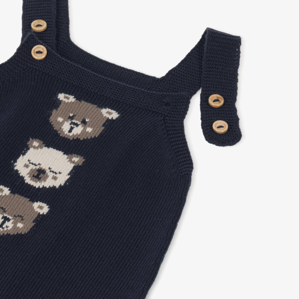 Artesanía Granlei-Baby Boys Navy Blue Knitted Dungaree Set with Bear Motifs | Childrensalon