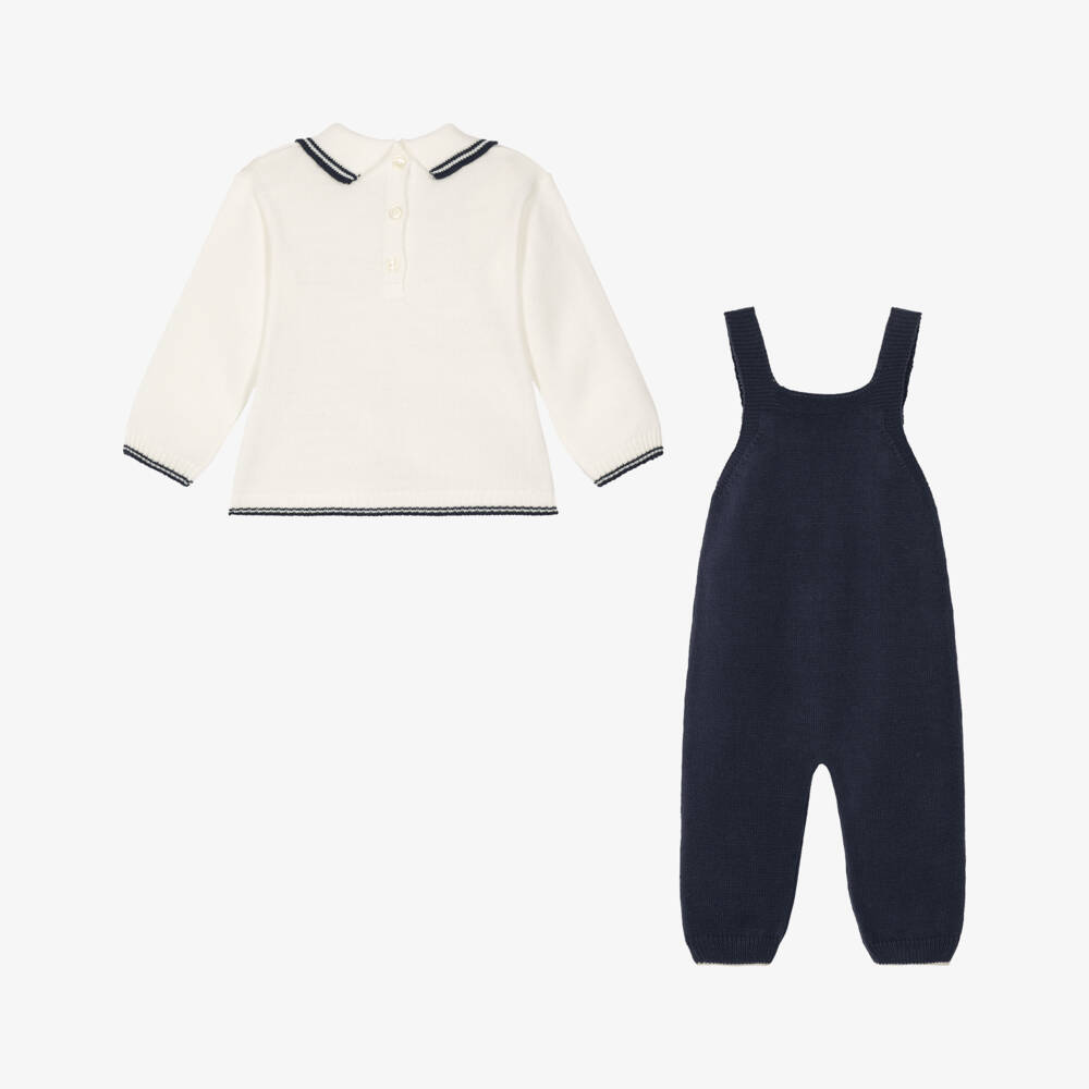 Artesanía Granlei-Baby Boys Navy Blue Knitted Dungaree Set with Bear Motifs | Childrensalon