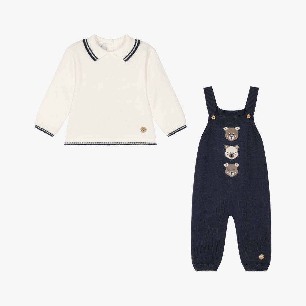 Artesanía Granlei-Baby Boys Navy Blue Knitted Dungaree Set with Bear Motifs | Childrensalon