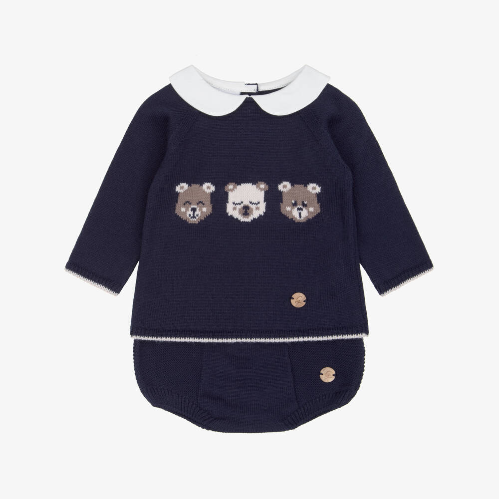 Artesanía Granlei-Baby Boys Navy Blue Knitted Shorts Set with Three Bears | Childrensalon