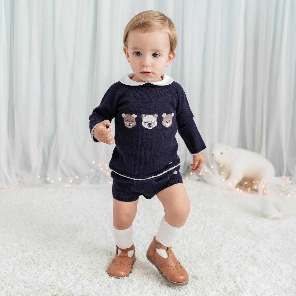 Artesanía Granlei-Baby Boys Navy Blue Knitted Shorts Set with Three Bears | Childrensalon