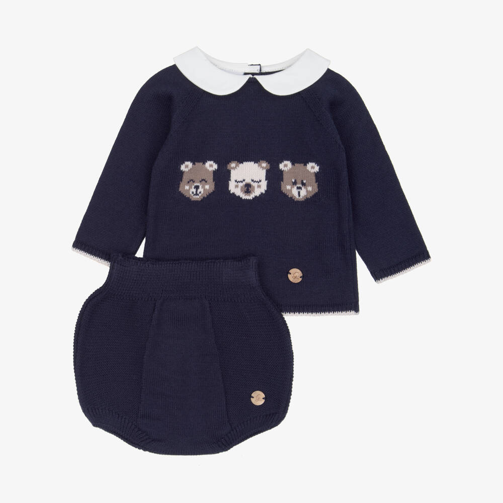 Artesanía Granlei-Baby Boys Navy Blue Knitted Shorts Set with Three Bears | Childrensalon