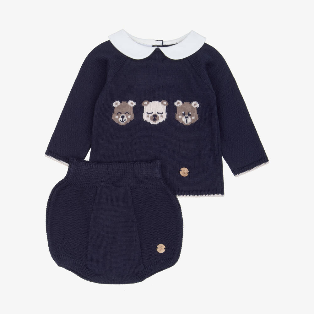 Artesanía Granlei-Baby Boys Navy Blue Knitted Shorts Set with Three Bears | Childrensalon