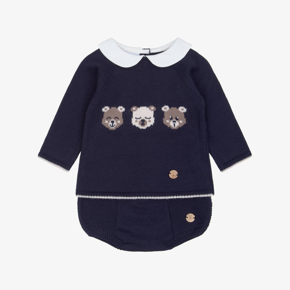 Artesanía Granlei-Baby Boys Navy Blue Knitted Shorts Set with Three Bears | Childrensalon
