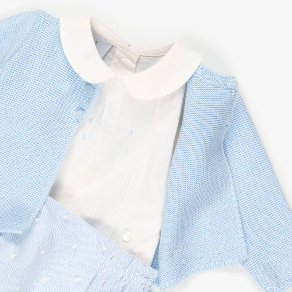 Artesanía Granlei-Baby Boys Pale Blue Buster Suit & Cardigan Set | Childrensalon