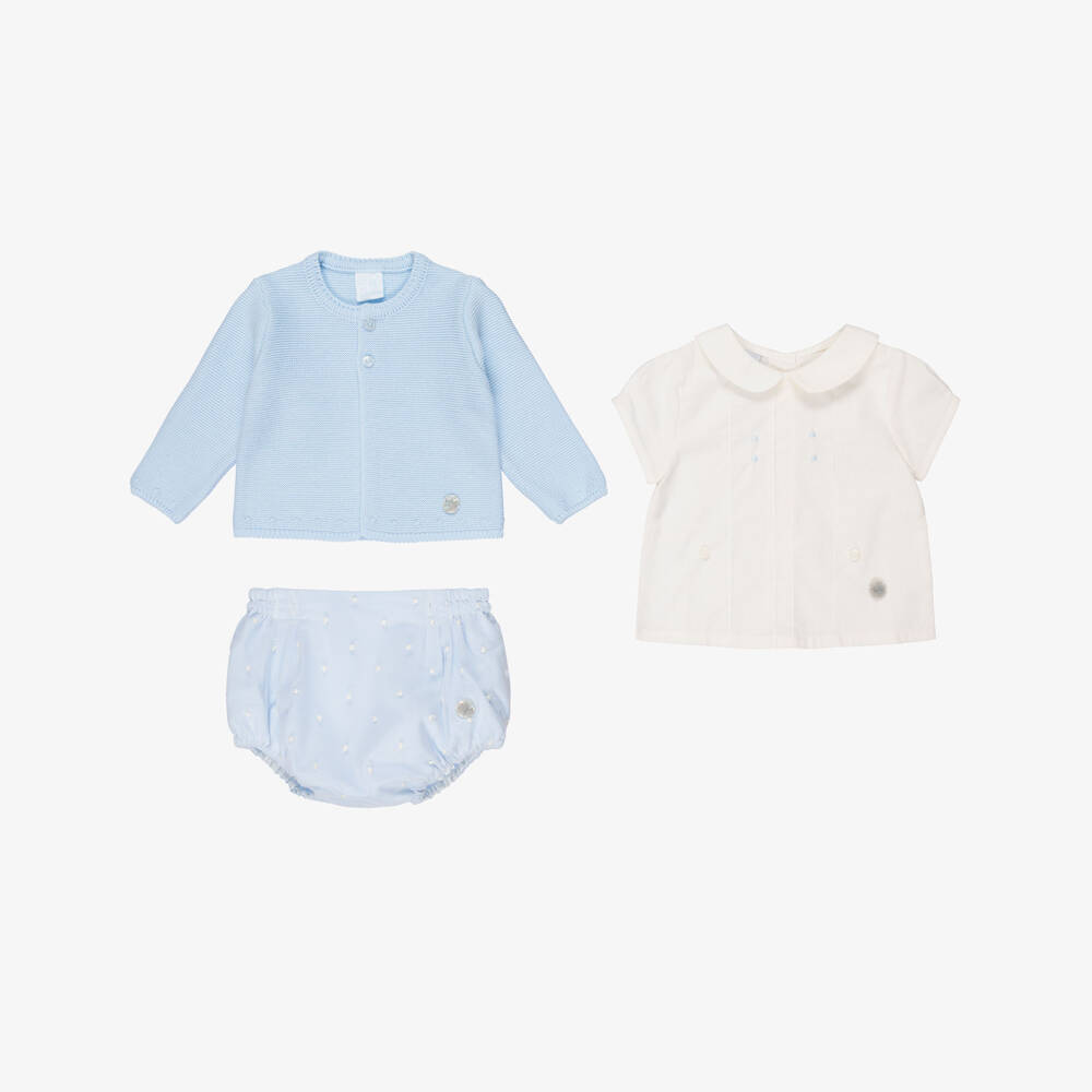 Artesanía Granlei-Baby Boys Pale Blue Buster Suit & Cardigan Set | Childrensalon