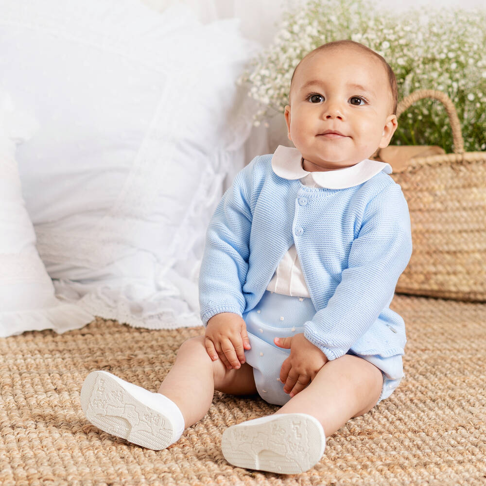 Artesanía Granlei-Baby Boys Pale Blue Buster Suit & Cardigan Set | Childrensalon