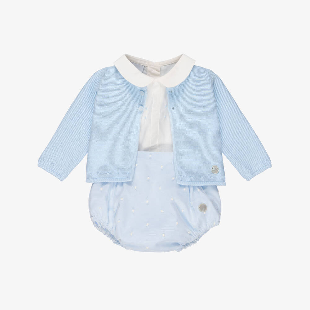 Artesanía Granlei-Baby Boys Pale Blue Buster Suit & Cardigan Set | Childrensalon
