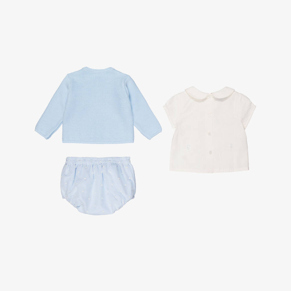 Artesanía Granlei-Baby Boys Pale Blue Buster Suit & Cardigan Set | Childrensalon