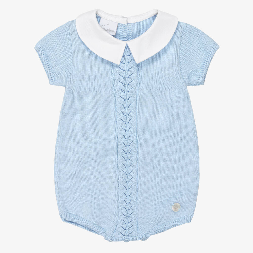 Artesanía Granlei-Baby Boys Pale Blue Knit Shortie with White Collar | Childrensalon