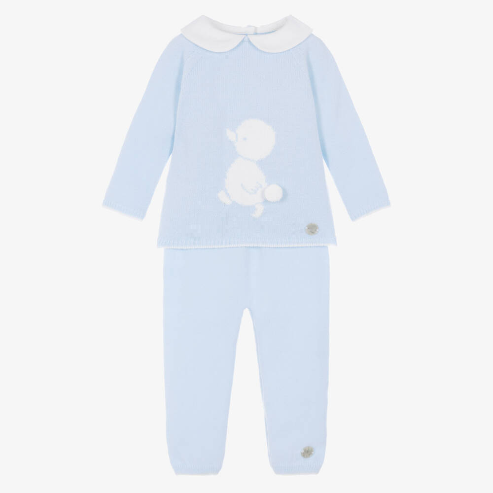 Artesanía Granlei-Baby Boys Pale Blue Knitted Trouser Set with Duck Motif | Childrensalon