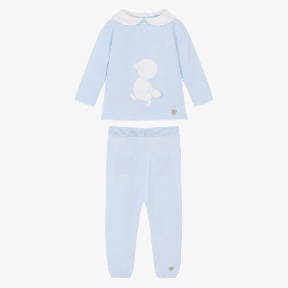 Artesanía Granlei-Baby Boys Pale Blue Knitted Trouser Set with Duck Motif | Childrensalon