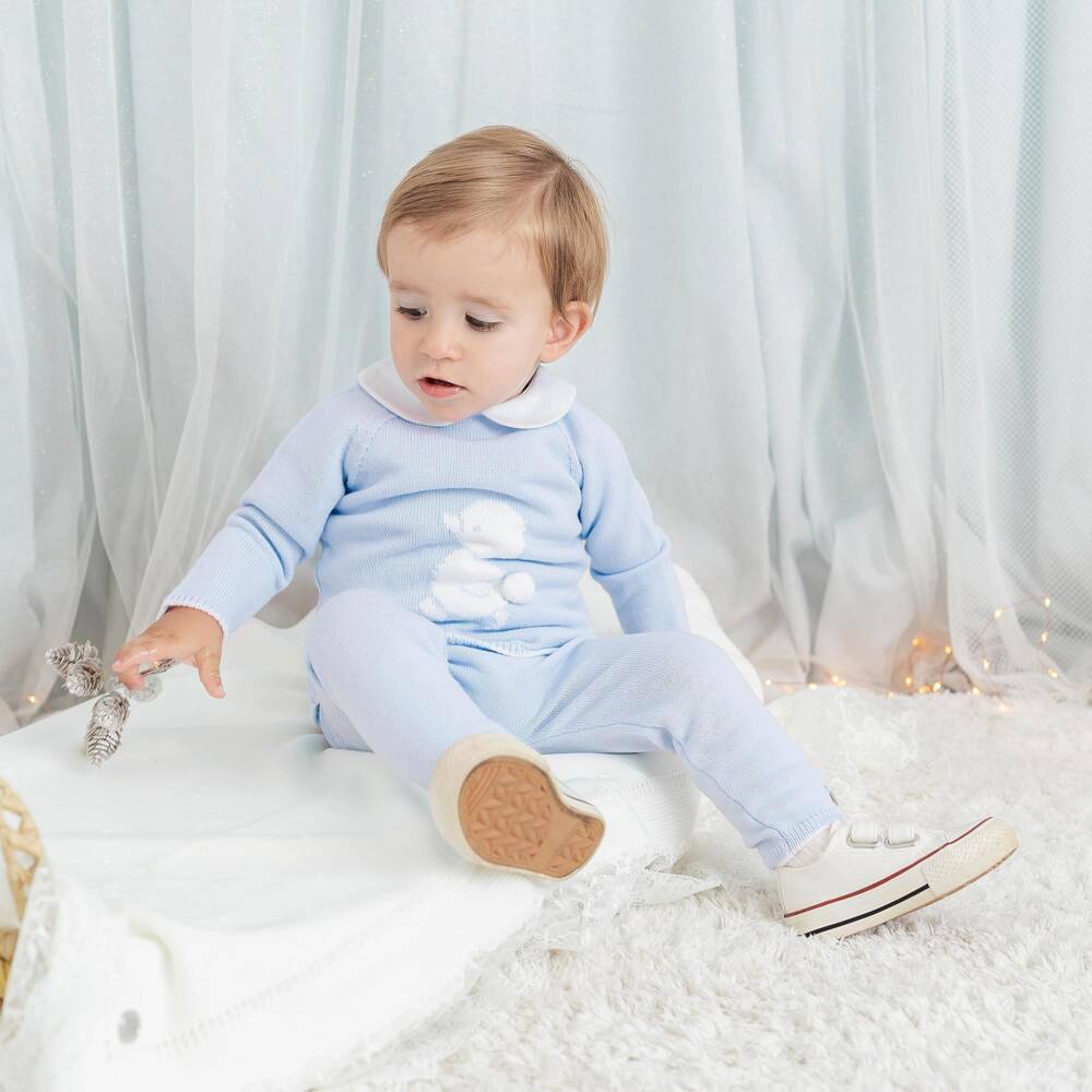 Artesanía Granlei-Baby Boys Pale Blue Knitted Trouser Set with Duck Motif | Childrensalon
