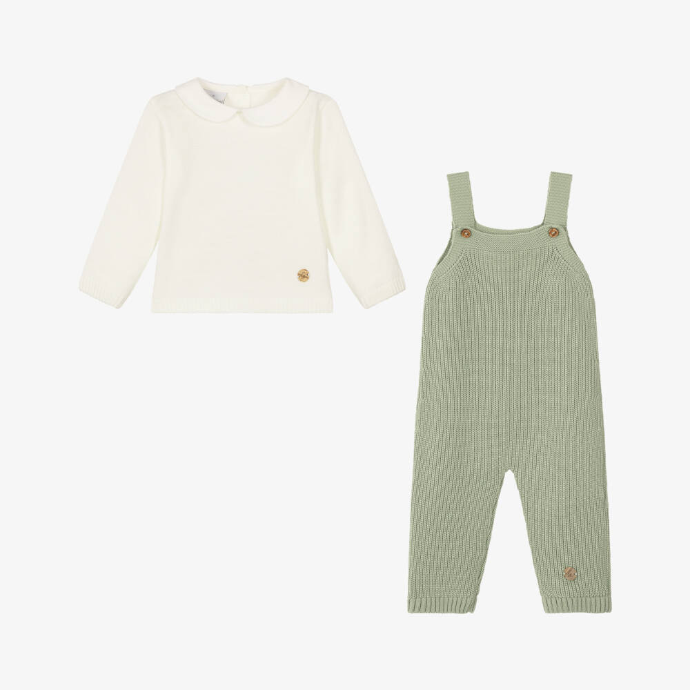 Artesanía Granlei-Baby Boys Pale Green Knitted Dungaree Set | Childrensalon
