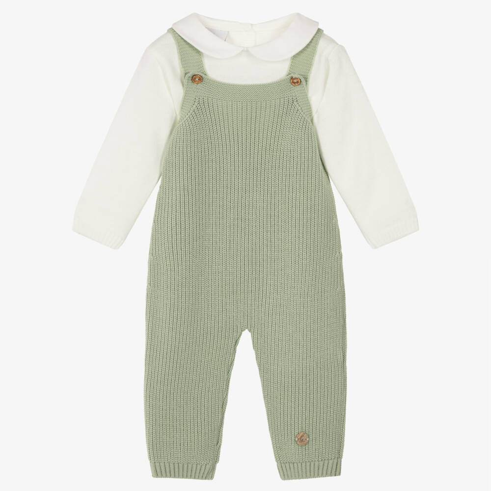 Artesanía Granlei-Baby Boys Pale Green Knitted Dungaree Set | Childrensalon